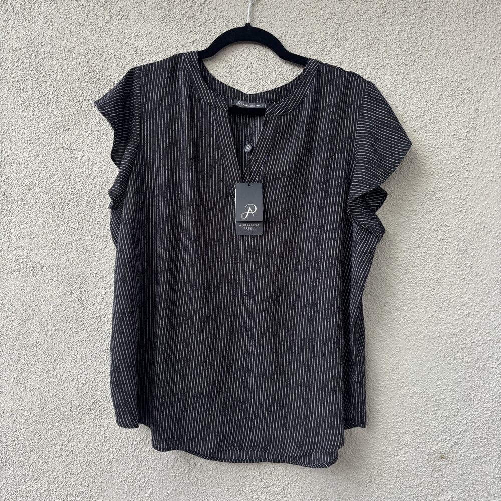 Adrianna Papell Blouse Split V-Neck Flutter Sleeve Curved Hem Black Striped XL